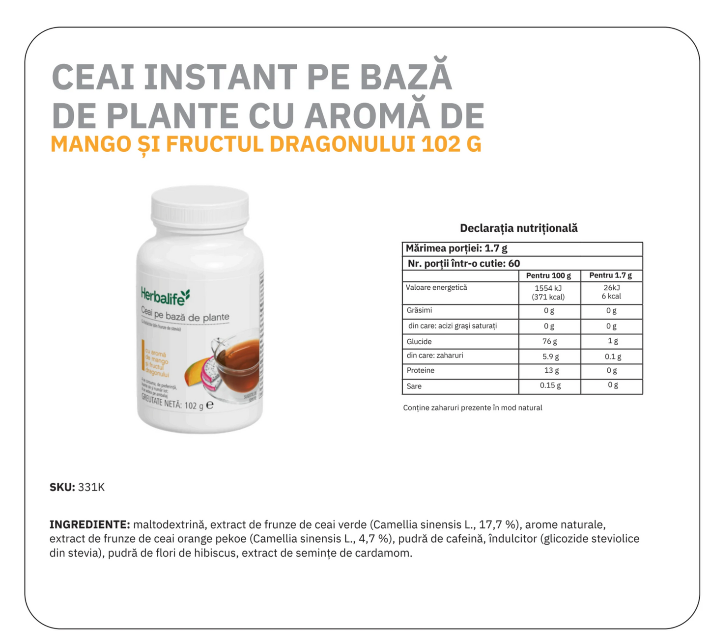 Herbalife Ceai Instant pe bază de plante cu aroma de Mango 102g